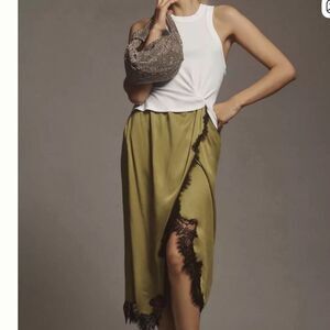 Anthropologie women’s large keeley twofer midi dress green black lace